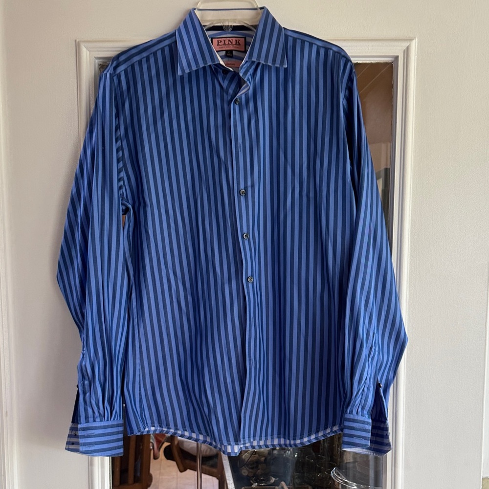 Thomas PINK blue striped button down shirt - neck 16
